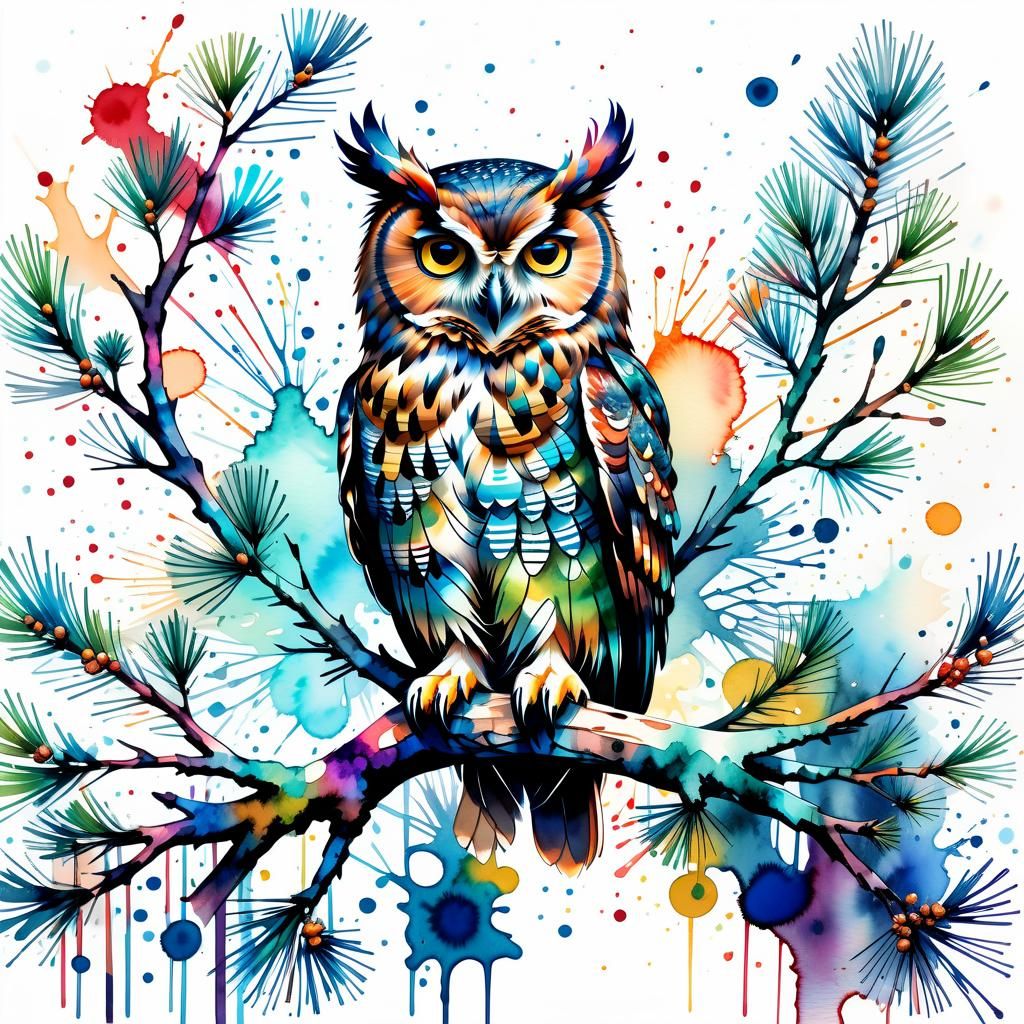 Whimsical Owl on Pine Branch Illustration