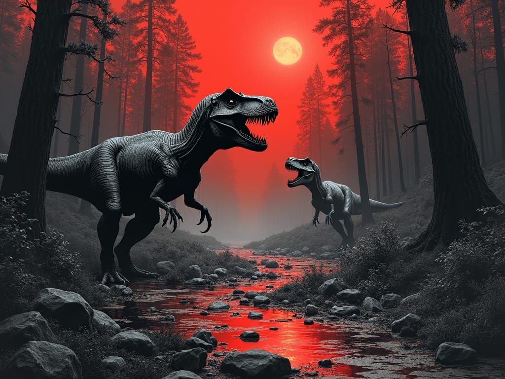 Eerie Jurassic T-Rex Feeding Ground in Film Noir Style