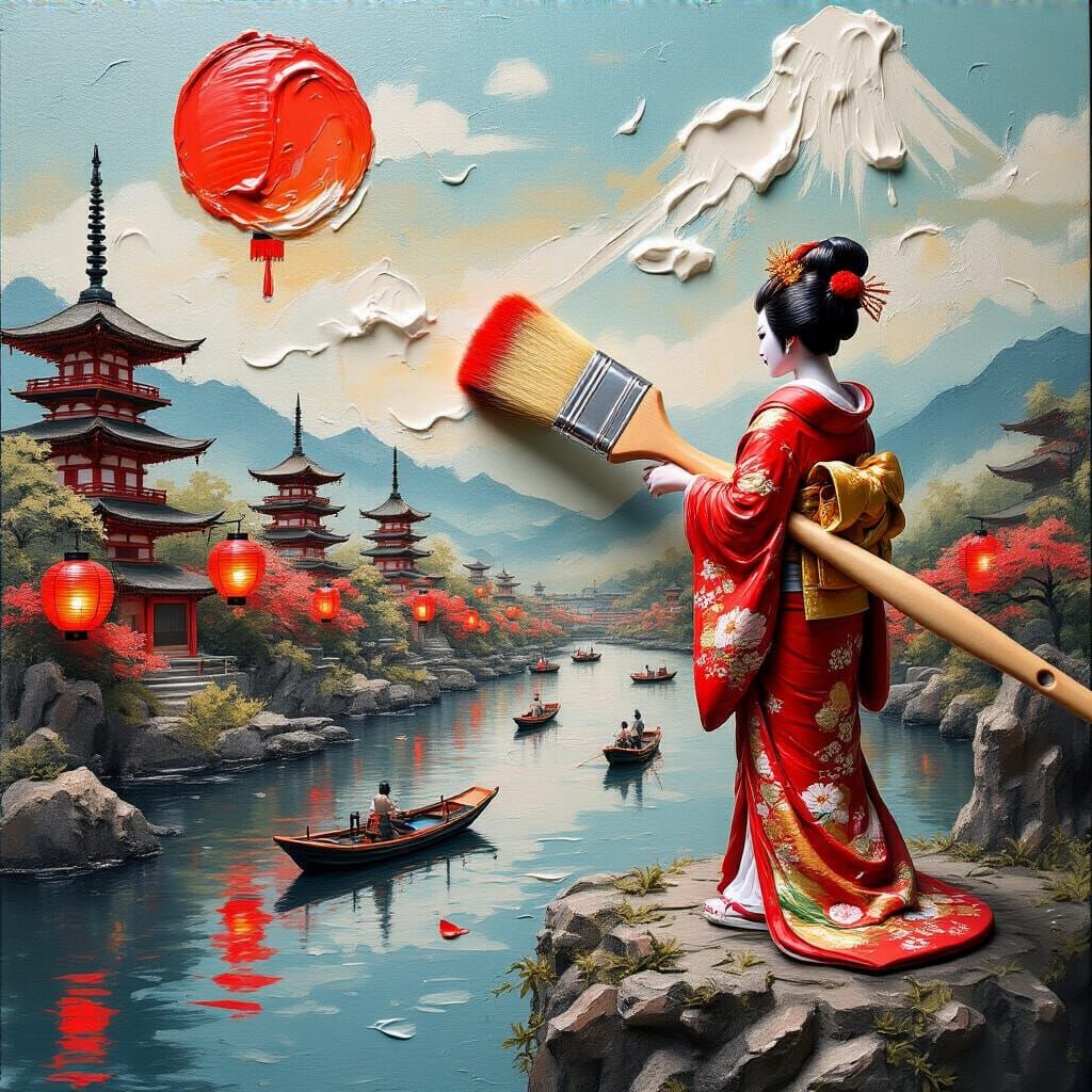 Geisha Painting with Japanese Landscape in Textured Style