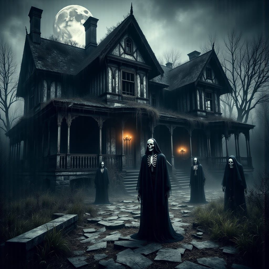 <lora:Morbid:1.0> Haunted Victorian  House  ,ghostly skeleto...