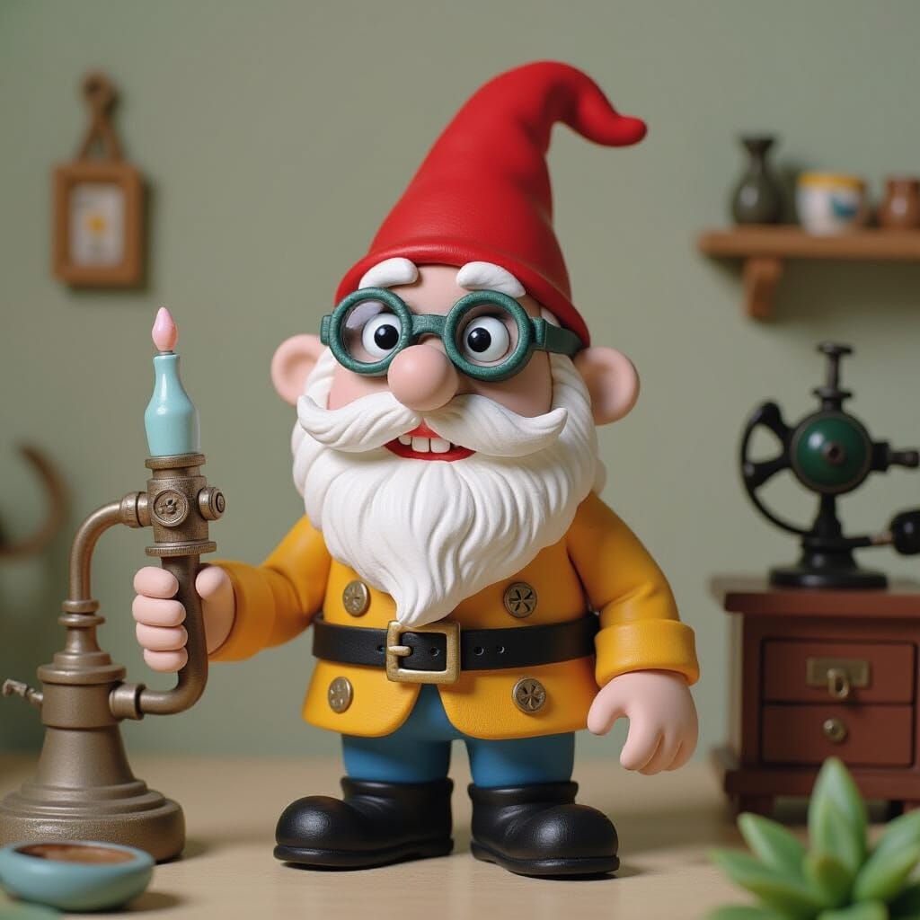 Claymation Gnome with DMT Machine, Avant-Garde Style