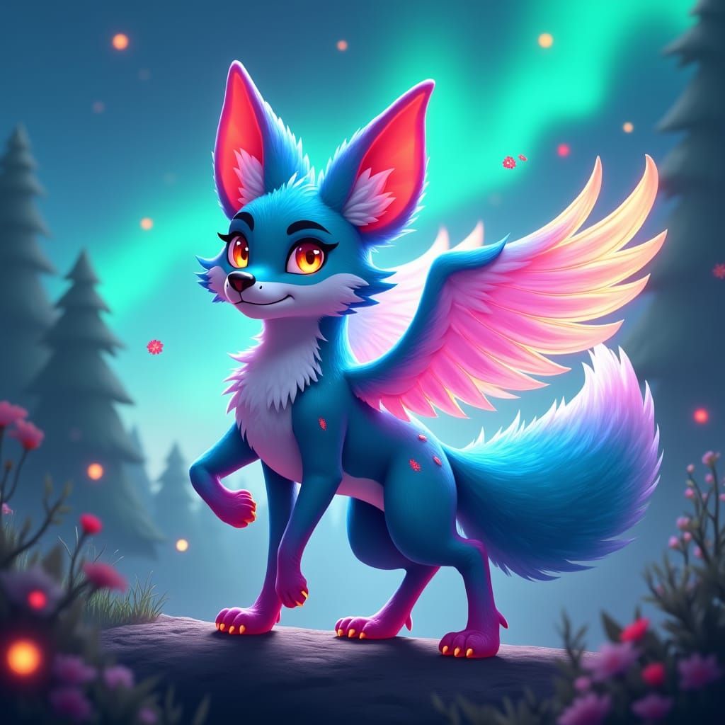 Iridescent Winged Fox Mascot in Fantasy Concept Art Style