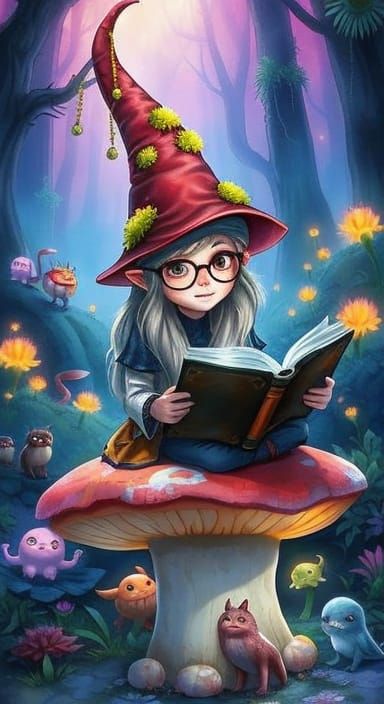 Gnome Reading in Bioluminescent Forest, Watercolor Art