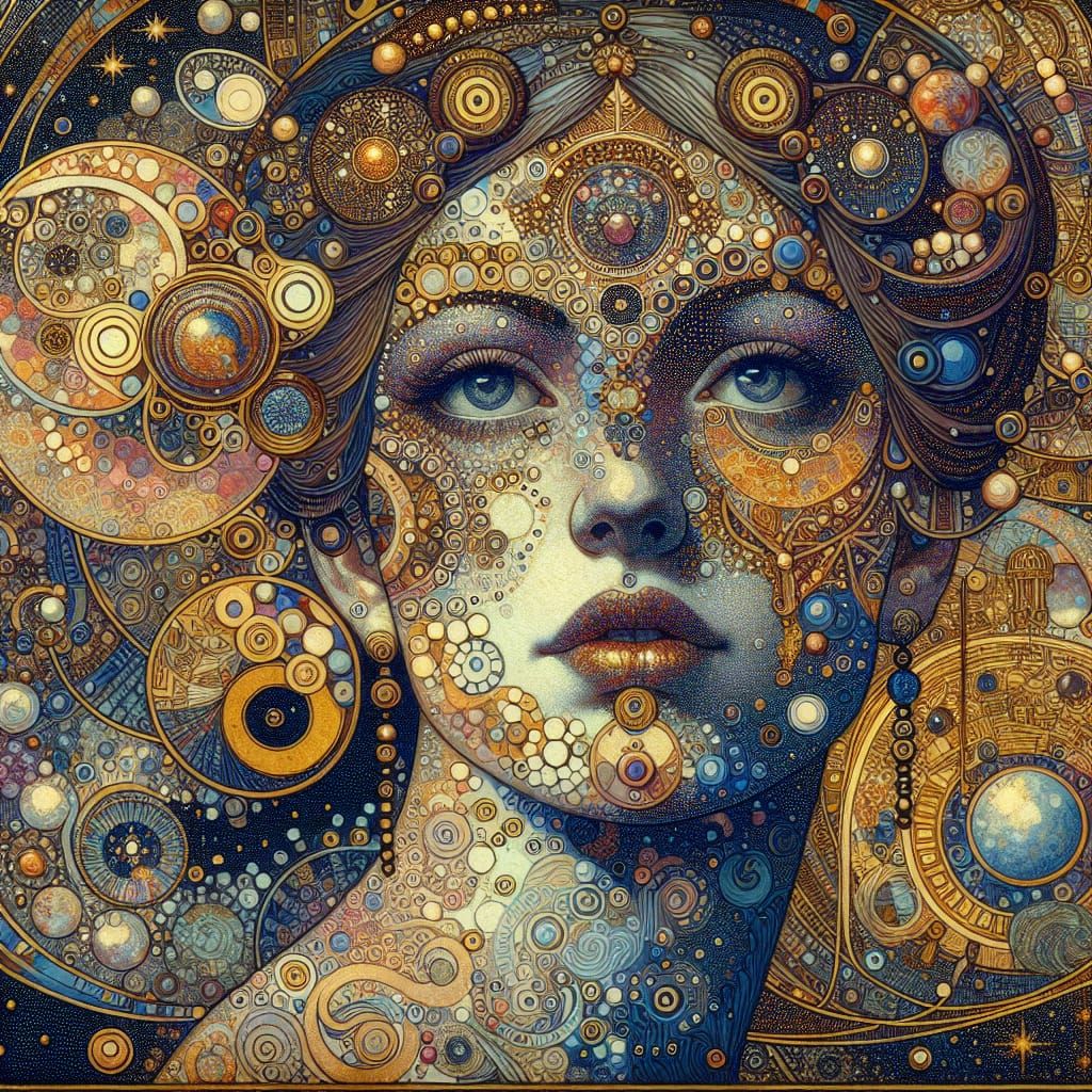 Cosmic Woman Portrait in Holographic Klimt Style