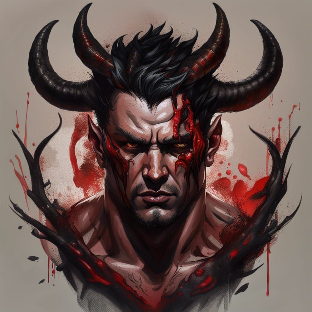Hyperrealistic Demon with Black Tattoos and Horns