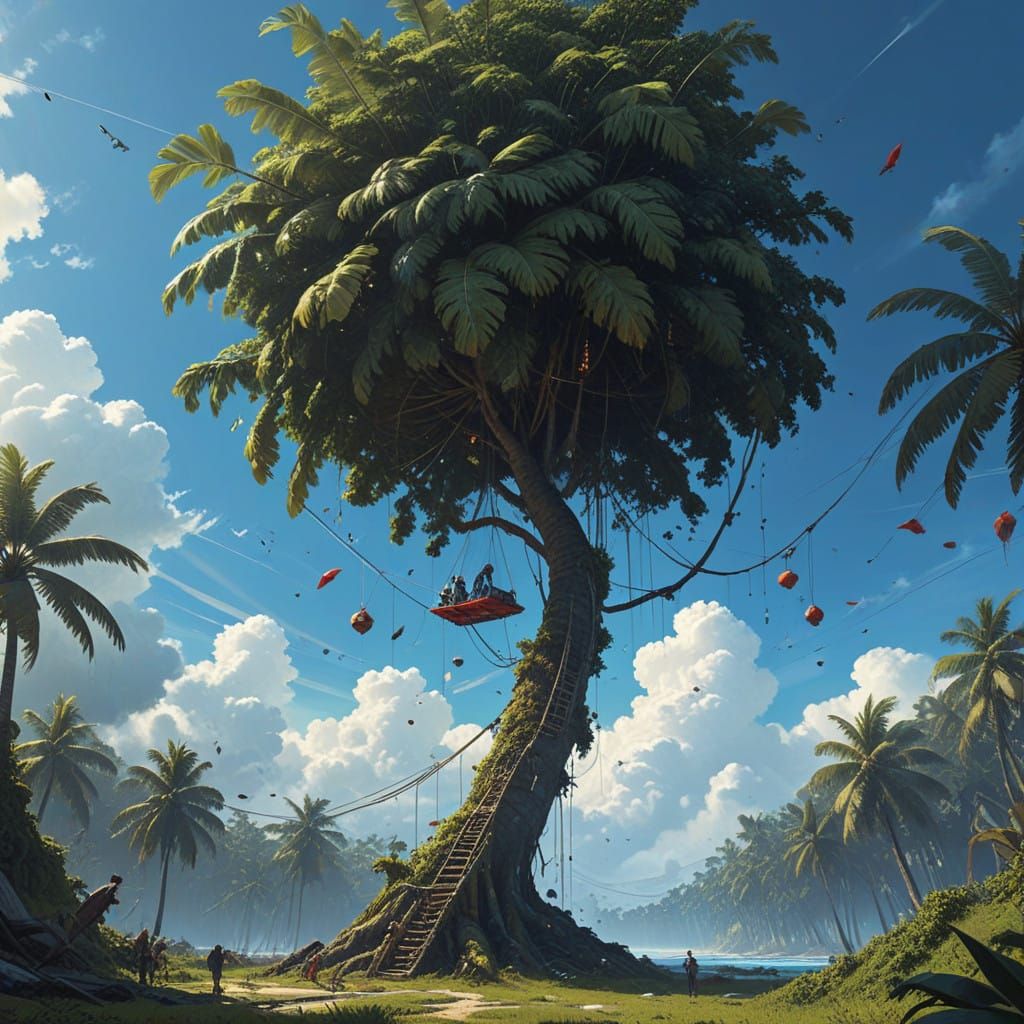 Vibrant Tropical Women Form a Human Ladder Under Radiant Ski...