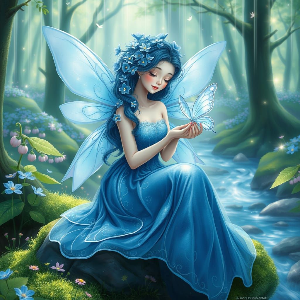 Ethereal Bluebell Fairy in Sapphire Gown, Whimsical Forest S...