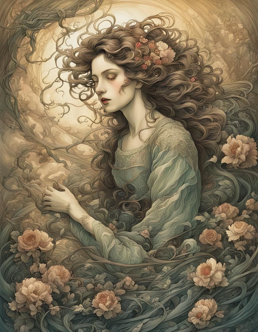 Emotional Woman Surrounded by Vines in Rackham Style