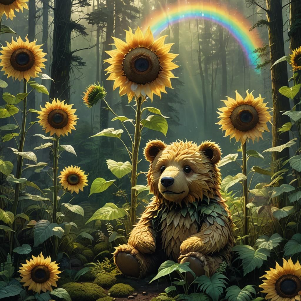 Sunflower Teddy Bear in Mystical Forest, Fantasy Art