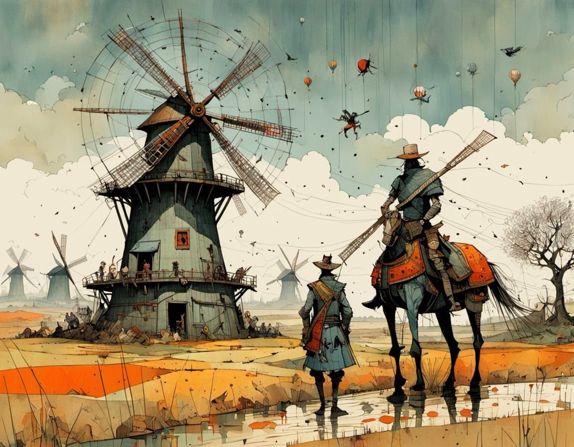 Don Quixote Attacked by Windmills in Detailed Illustration