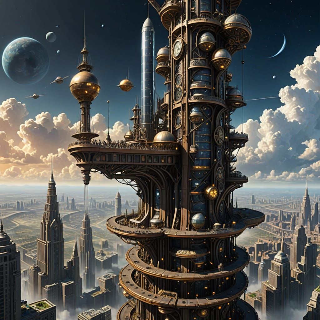 Steampunk Space Elevator in Futuristic Metropolis