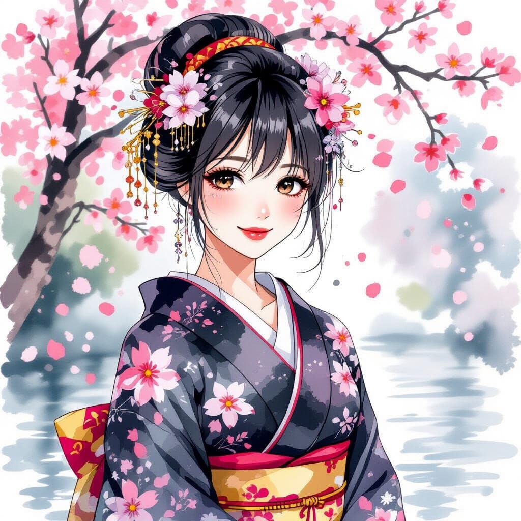 Geisha in Gothic Kimono Under Cherry Blossoms