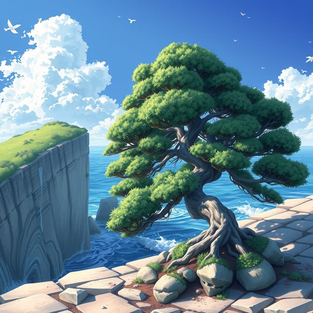 Ethereal Juniper on Ocean Ledge in Anime Style