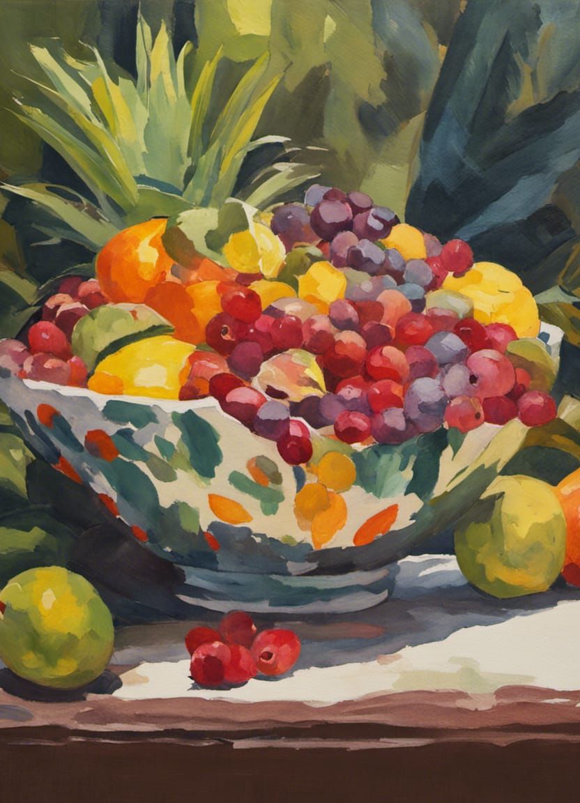 Tropical Fruit Bowl Still Life in Gouache Style