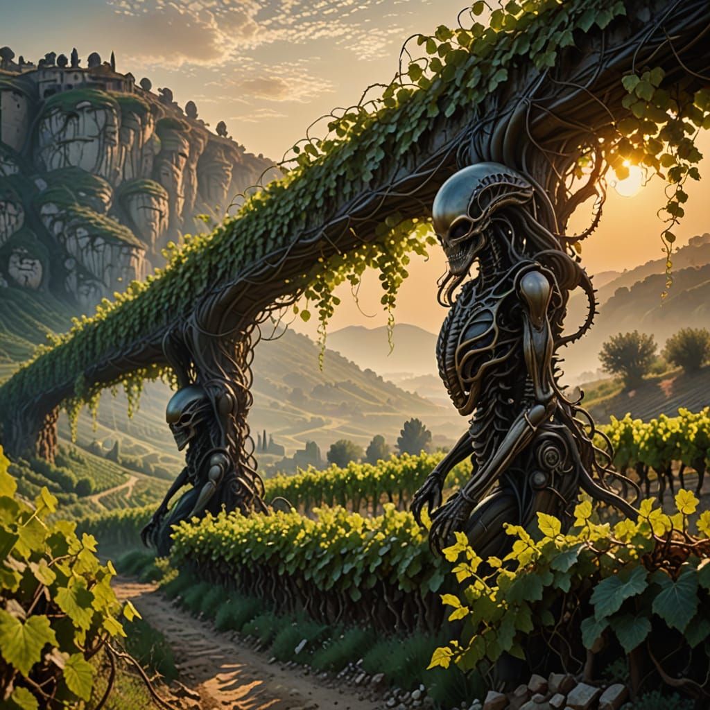 Alien Vines in Mediterranean Vineyard under Golden Hour