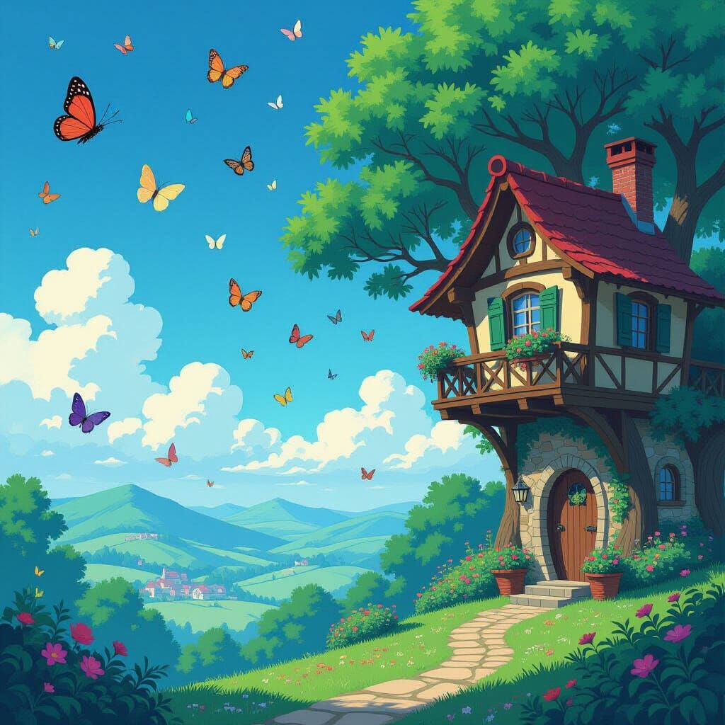 Enchanted Butterfly Sky: A Surreal Floral Tableau