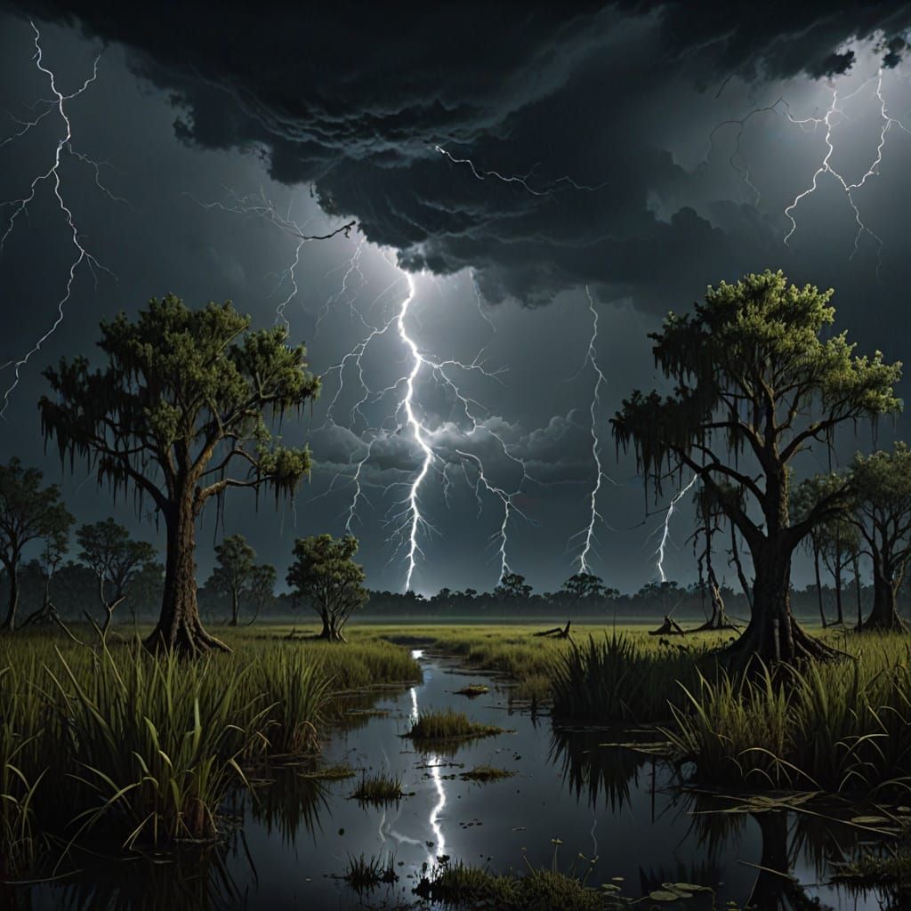 Mysterious Swamps Under Thunderstorm Night Sky