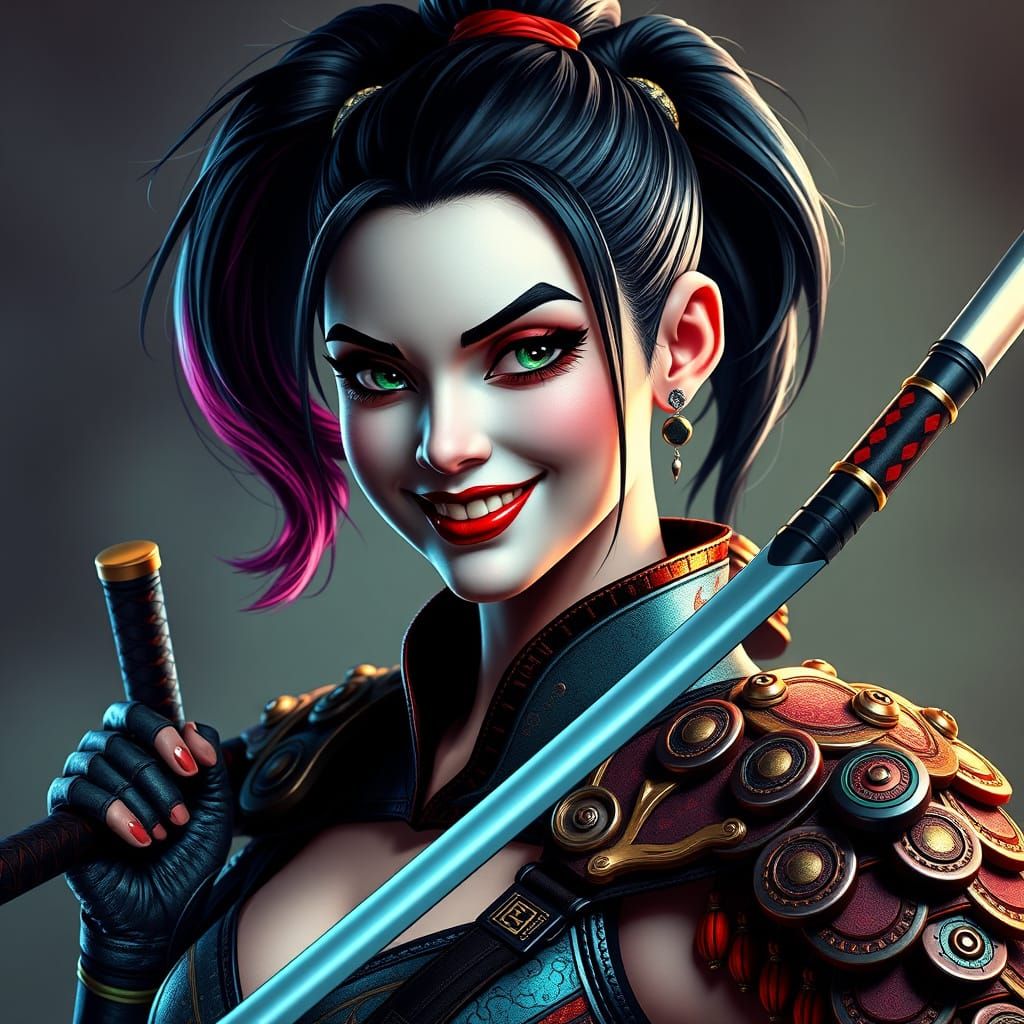 Harley Quinn Samurai Portrait in Vibrant Triadic Colors