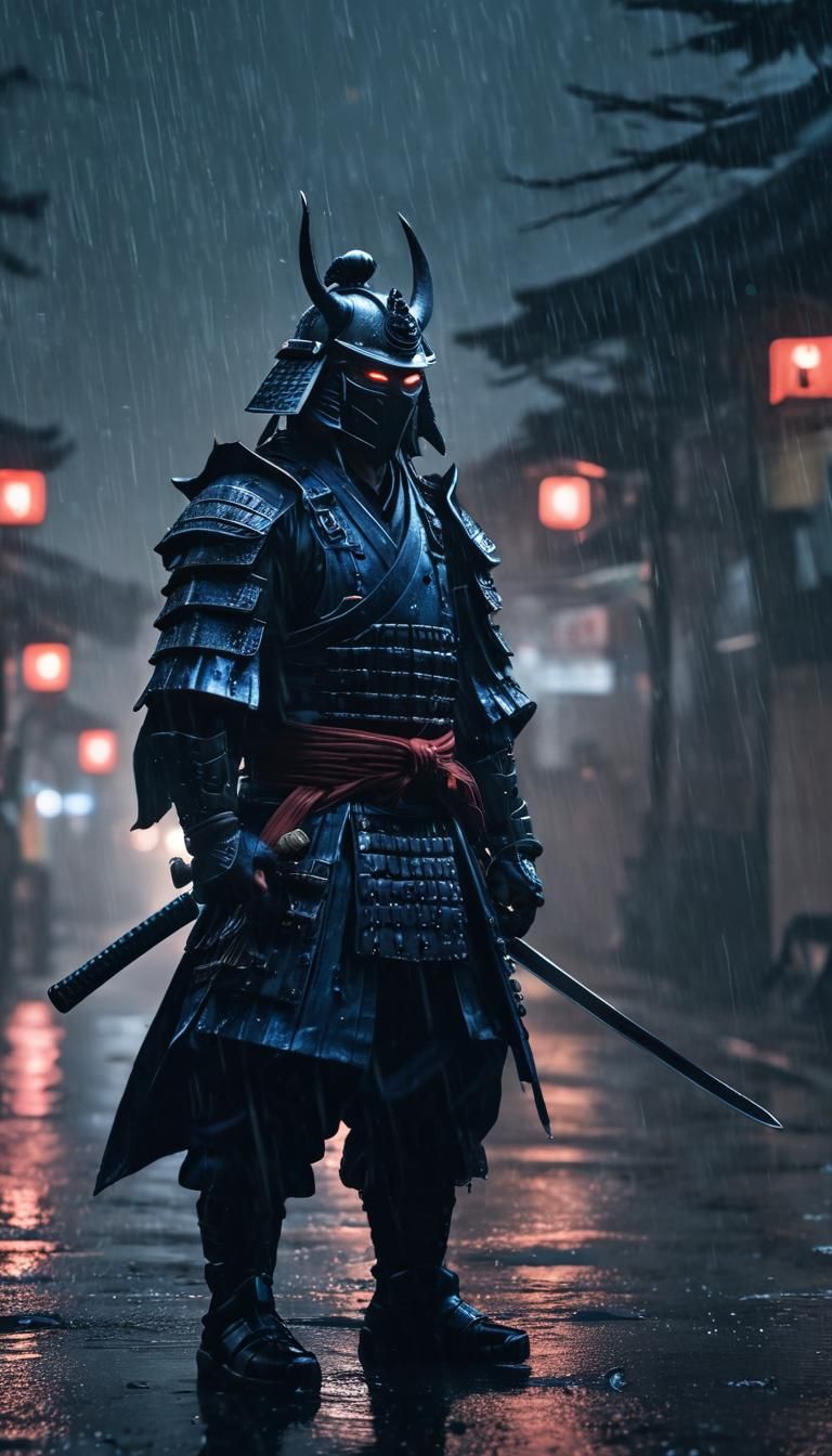 Samurai in Demon Helmet on Rainy Night