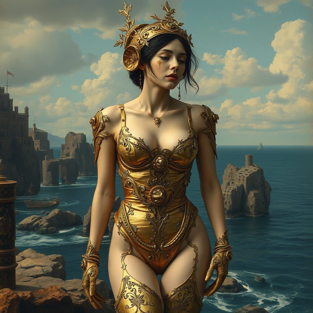Baroque Cyborg in Decaying Gold Leaf Seascape