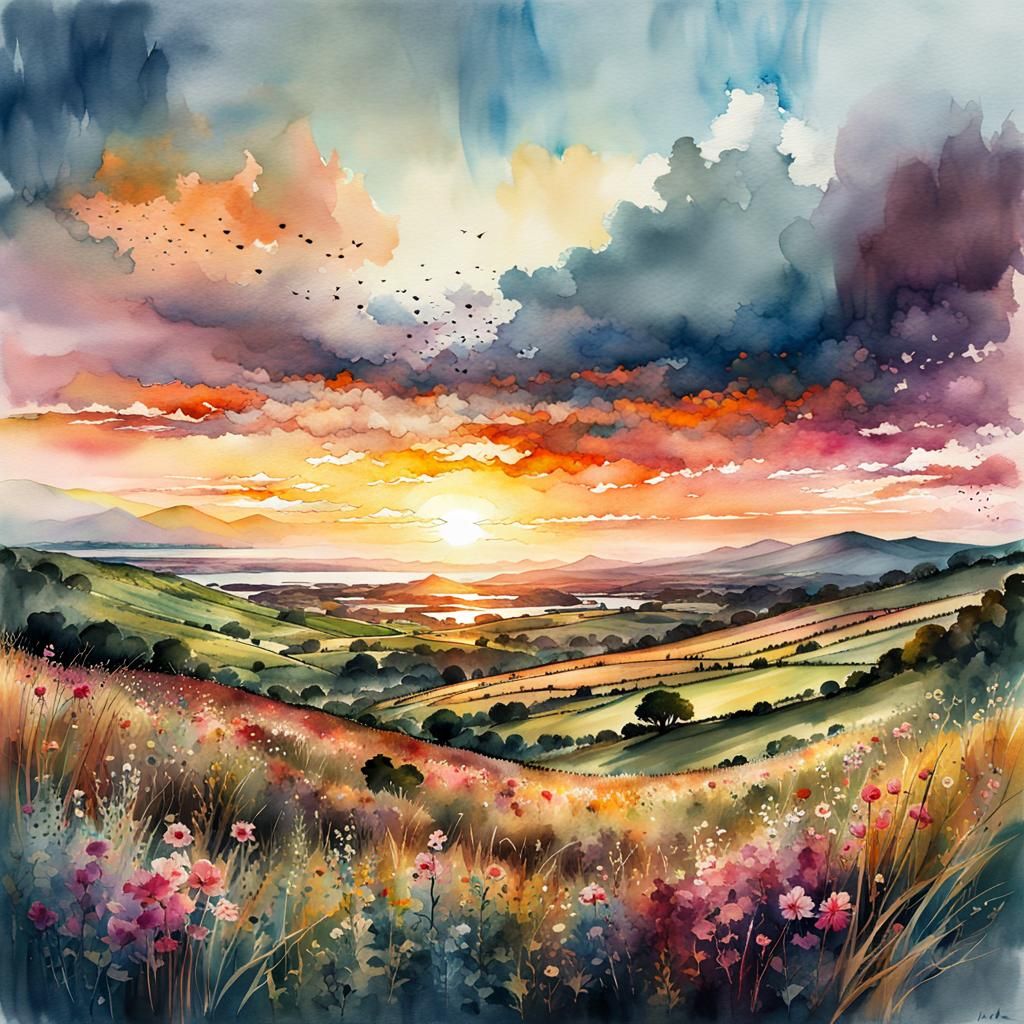 Irish Sunset: Digital Watercolor Landscape Illustration
