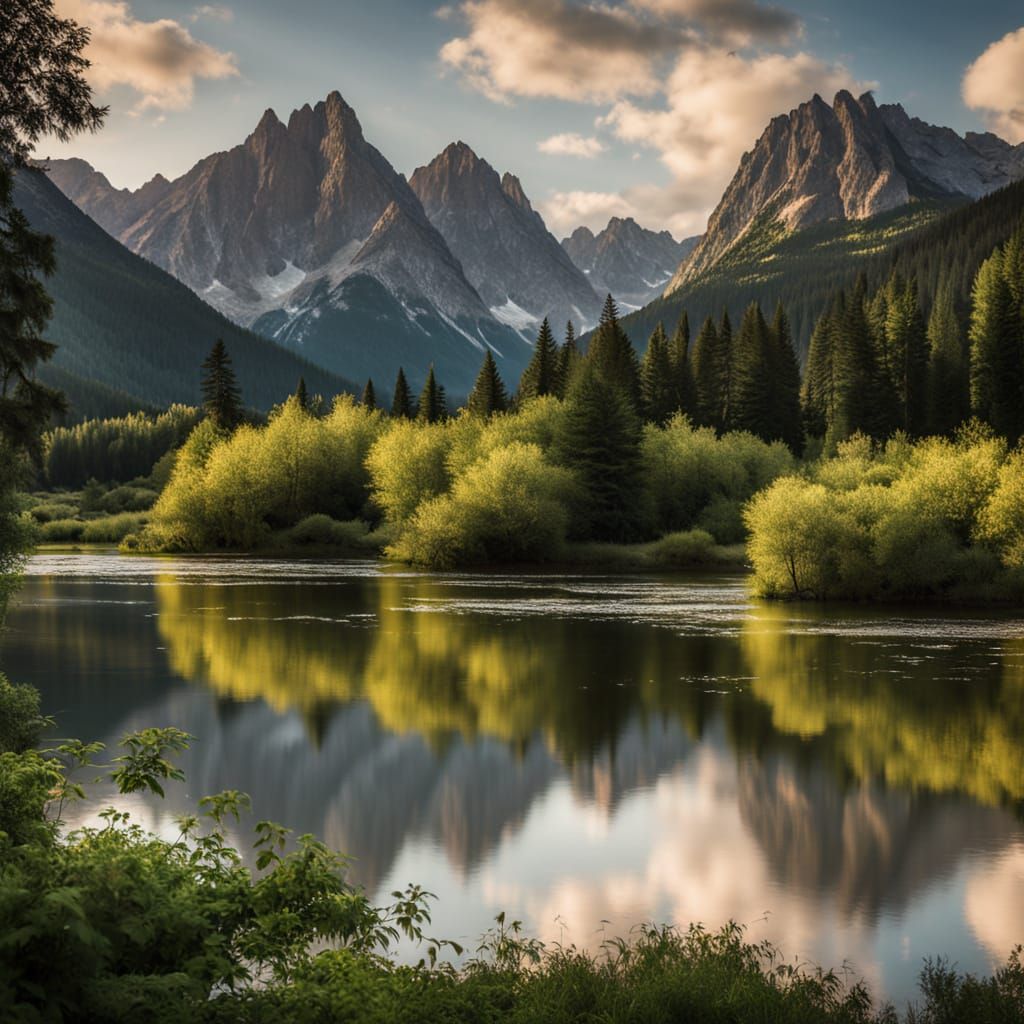 Majestic Mountains Rise Amidst Lush Greenery in Naturalistic...