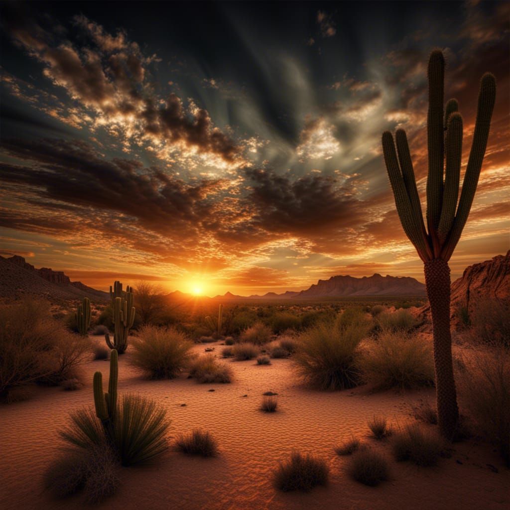 Hyperrealistic Desert Oasis at Sunset in HDR