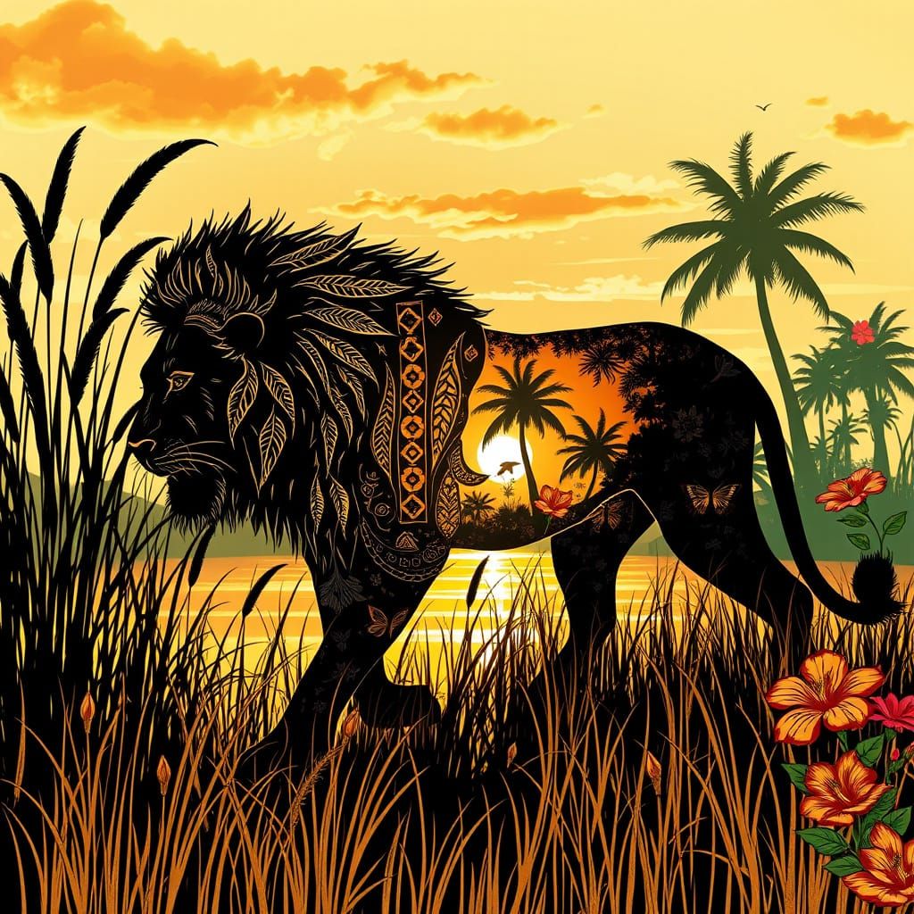Art Nouveau Lion Silhouette in Tropical Paradise