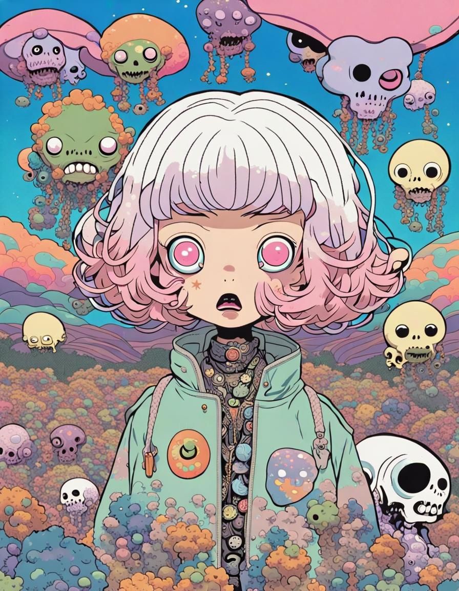 Creepy-Cute Humanoid in Surreal Alien Landscape