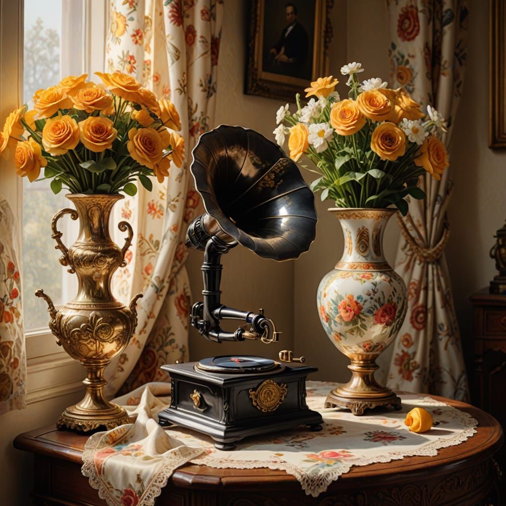 Antique Gramophone Still Life in Oil Painting Style