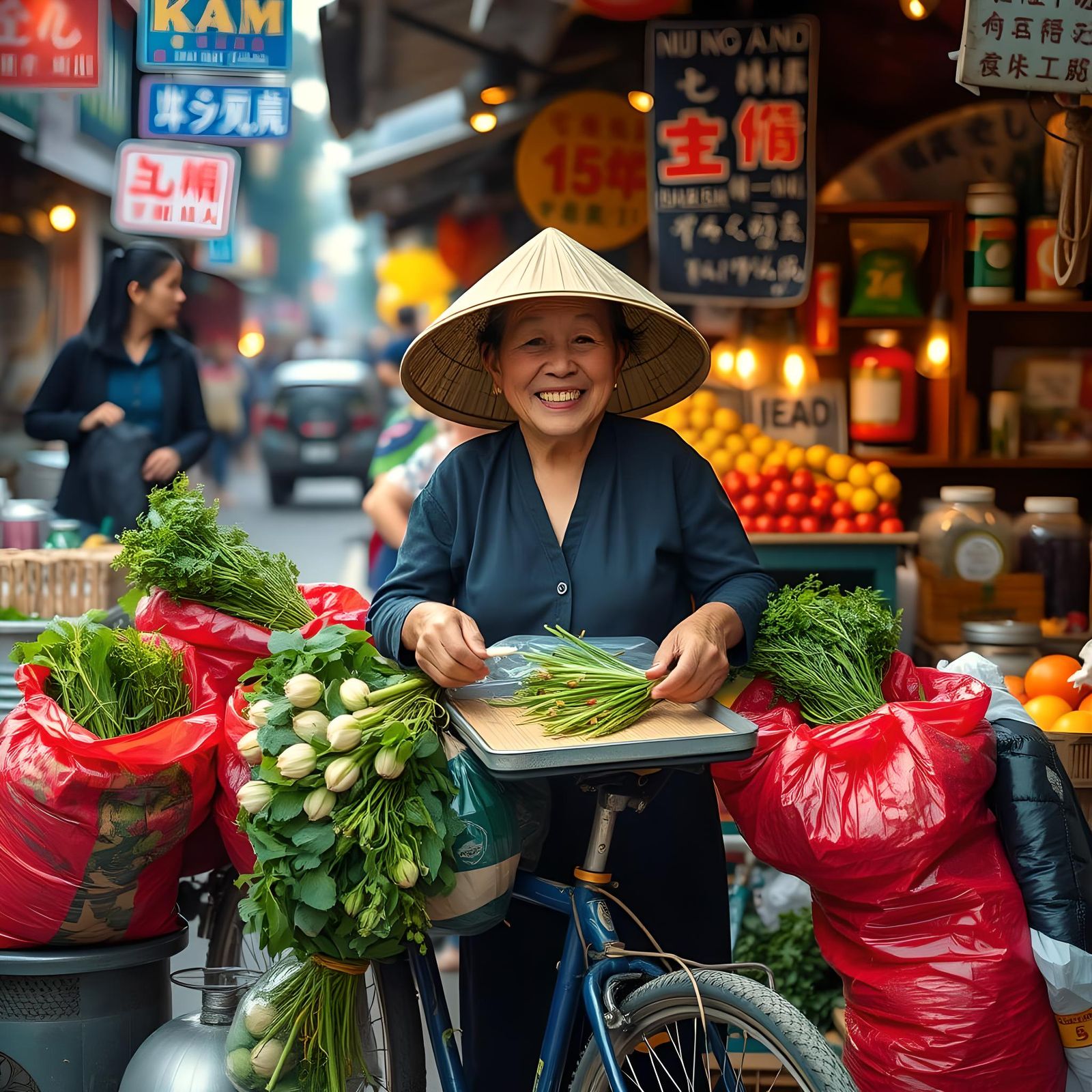 Vietnamese Woman Prepares Street Food in Hanoi Market