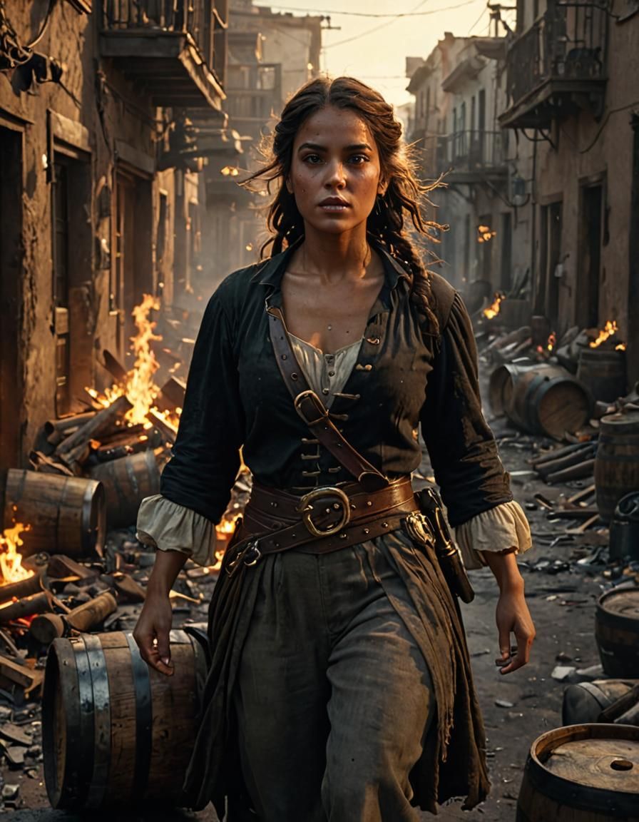 Hispanic Pirate Woman in Fiery Street: Hyperrealistic