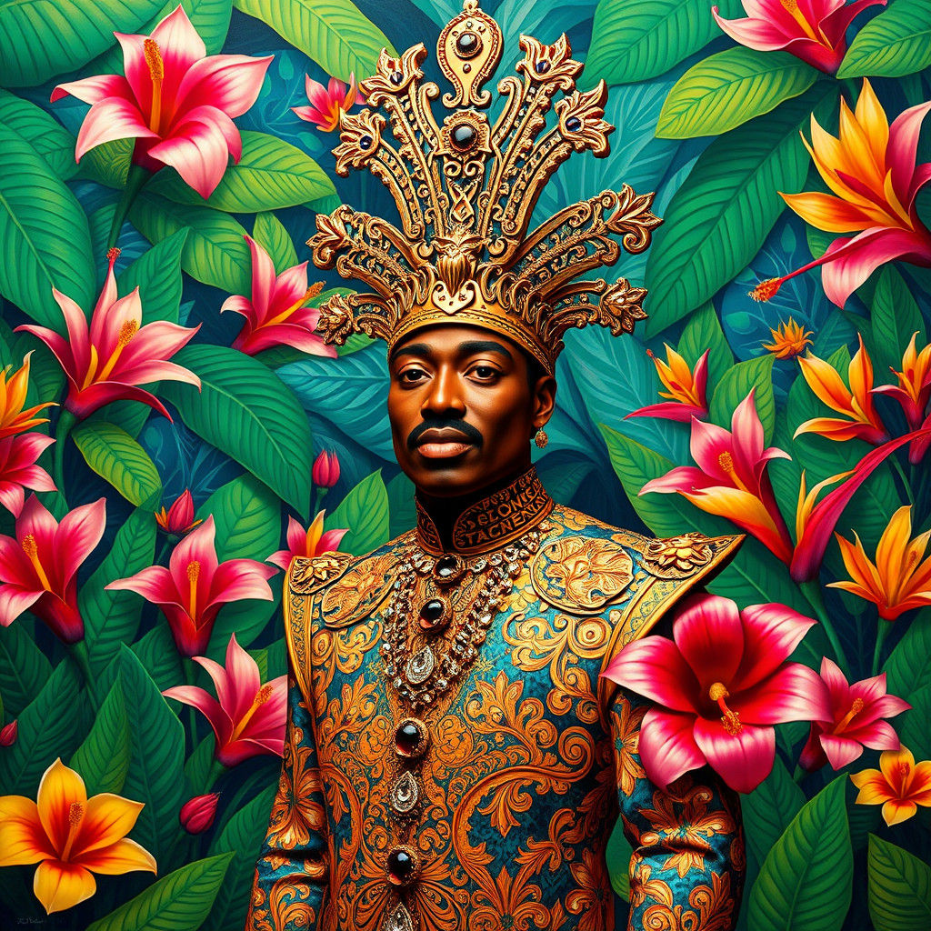 Afro-Caribbean Figure in Tropical Garden, Baroque Style