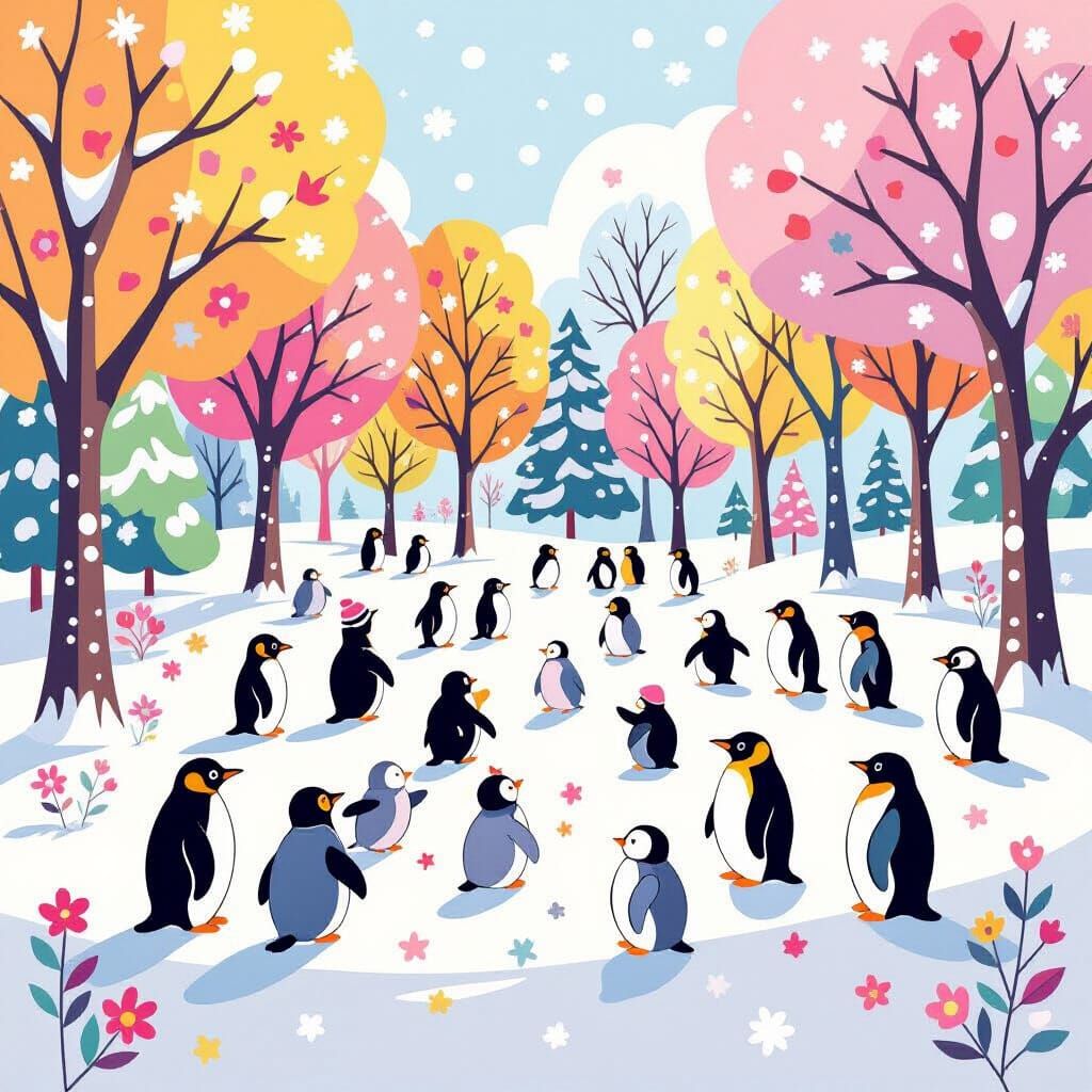 Whimsical Penguin Colony in Snowy Park Digital Painting