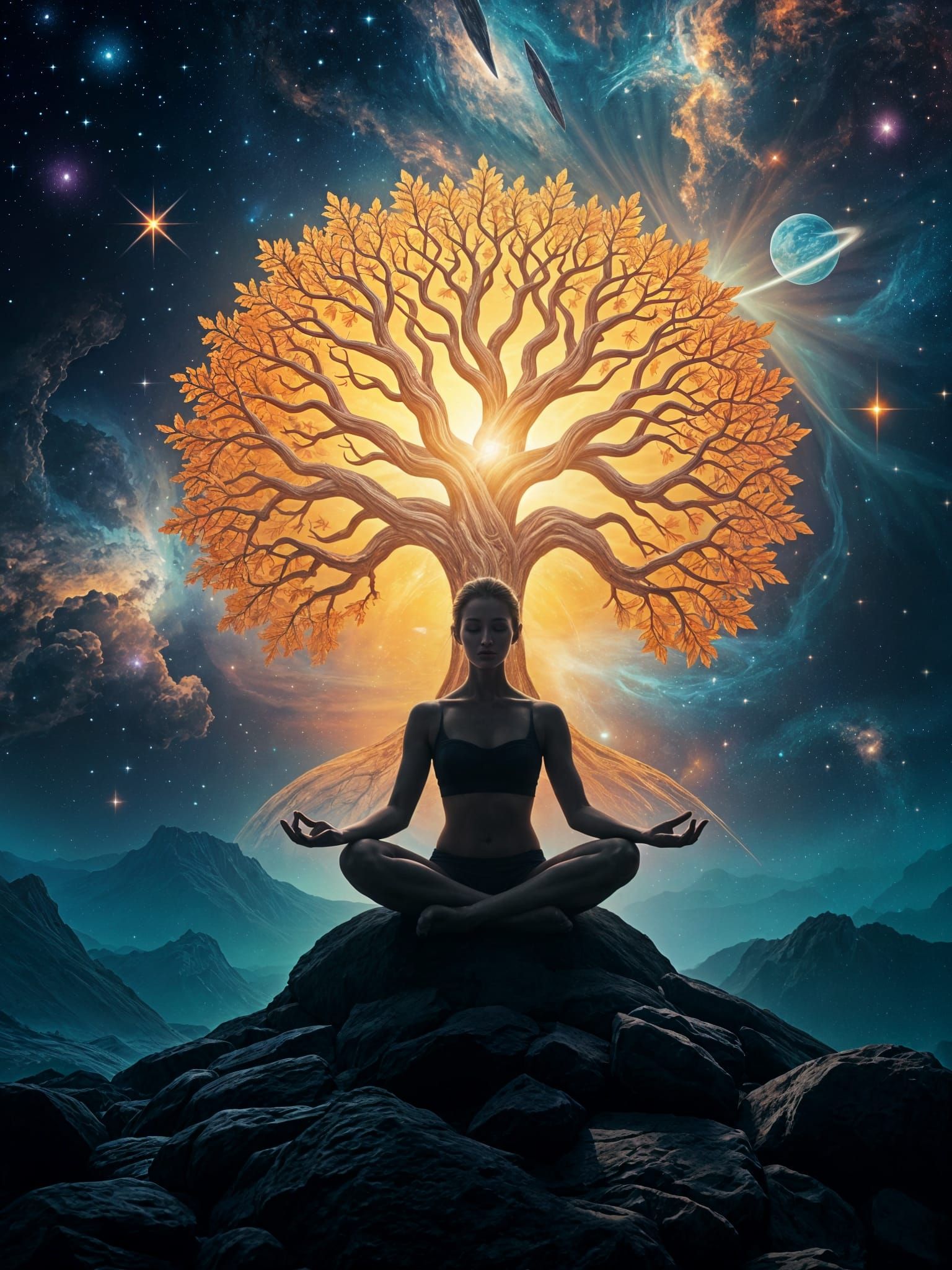 Outer Space Tree of Life with Meditating Woman