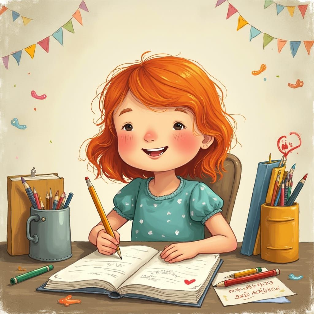 Whimsical Girl at Desk in Traditional Children's Book Style