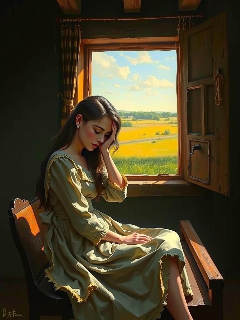 Melancholy Woman in Colonial Dress by Window