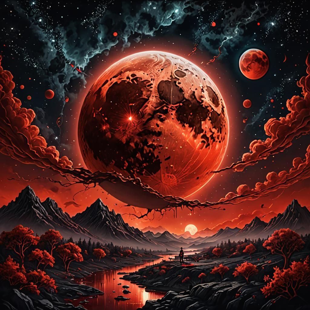 Cosmic Blood Moon Dreamscape in Vivid Colors