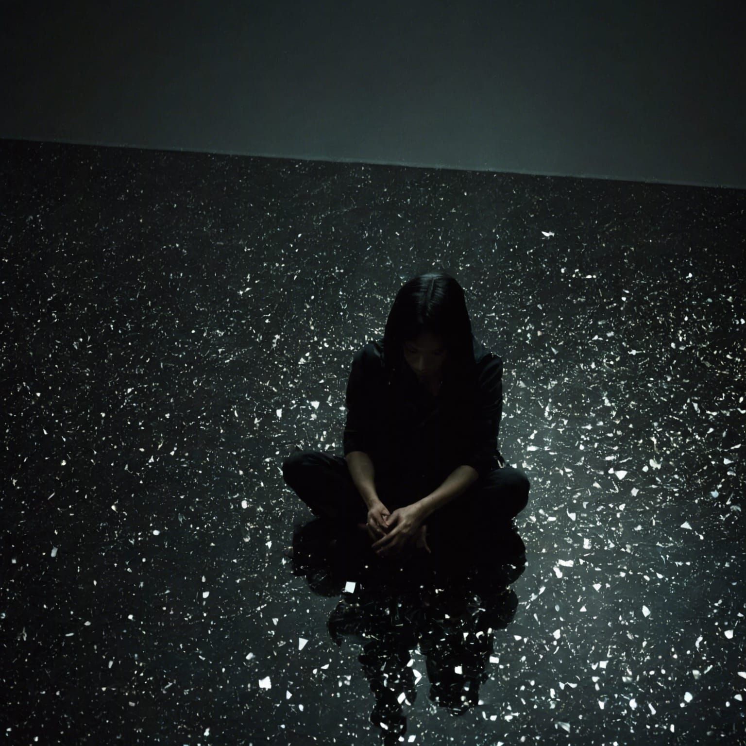 Distressed Woman in Dark Room: Charcoal Drawing