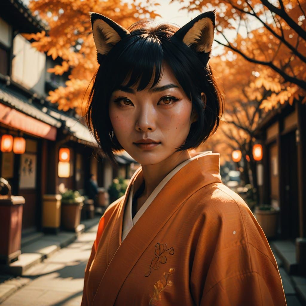 Japanese Kitsune with Orange Eyes in Hyperrealistic Style