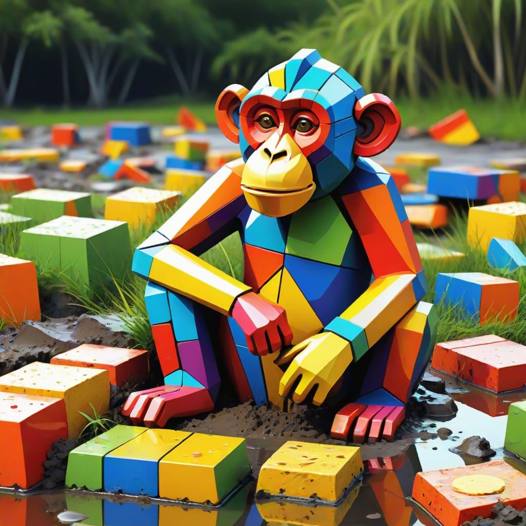 Vibrant Cubist Monkey in a Messy, Whimsical Environment