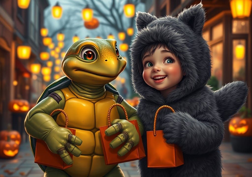 "He has a cool turtle costume, eh?" 
"Ehm... actually I don'...