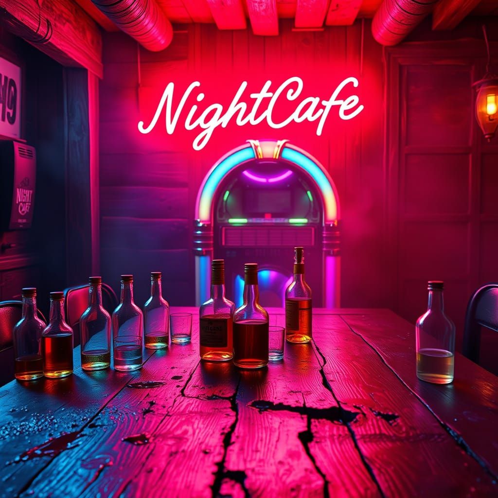 Rustic Bar Scene with Neon Lights & Whiskey