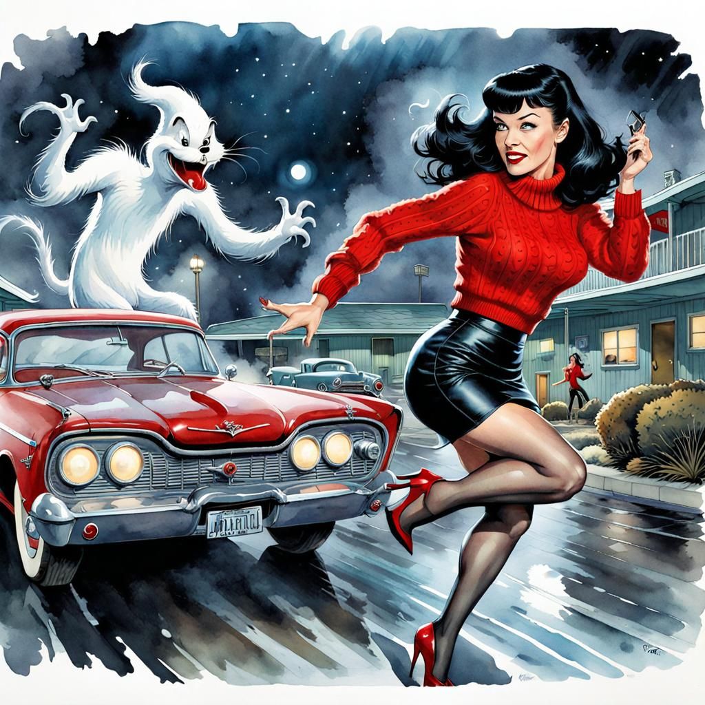 Bettie Page Fleeing Apparition, Whimsical Watercolor