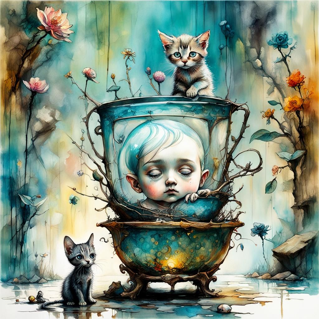 Chibi Girl with Kitten in Stylized Art Style