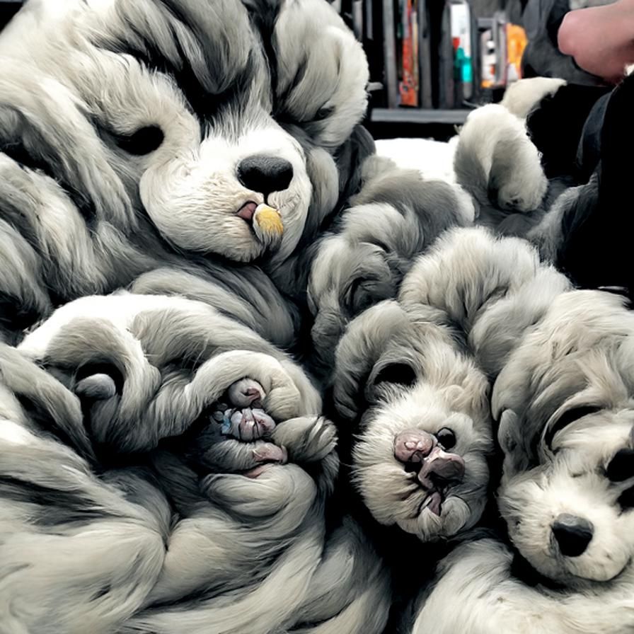 Detailed Surreal Photoillustration of Fluffy Puppies