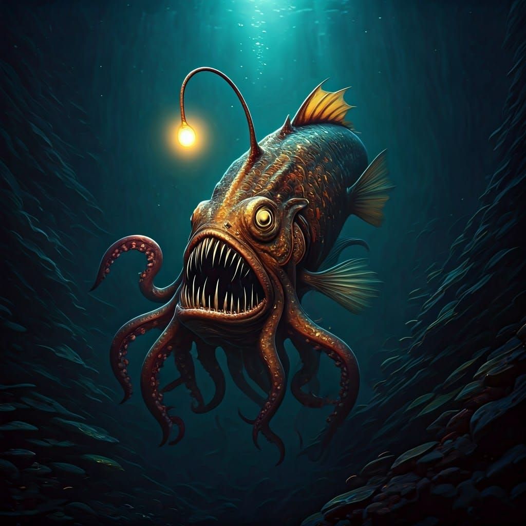 Abyssal Angler Squid: A Surreal Hybrid Creature