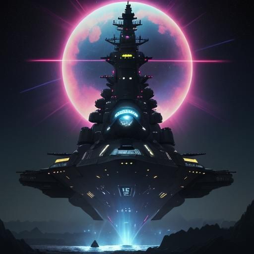Alien Battleship Yamato in Neon Sci-Fi Galaxy