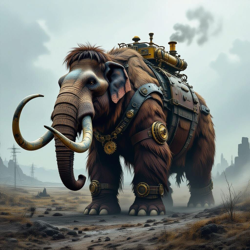 Steampunk Mammoth in Post-Apocalyptic Wasteland