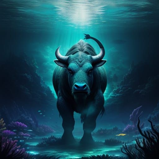 Mystical Water Buffalo in Underwater Realm: Digital Painting